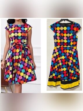 PUKAVT Bright Multicolor Polka Dot Fit & Flare Dress Cap Sleeveless Pockets